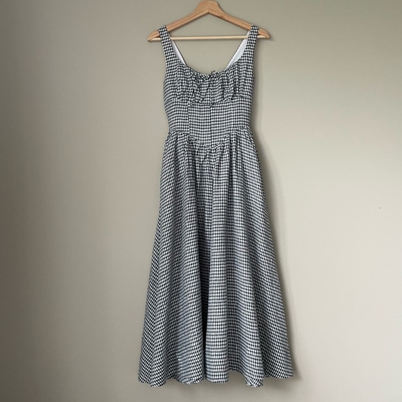 NEW Reformation Balia Midi Linen Dress Slate Check Plaid Navy White | US 2 UK 4 - Picture 7 of 15